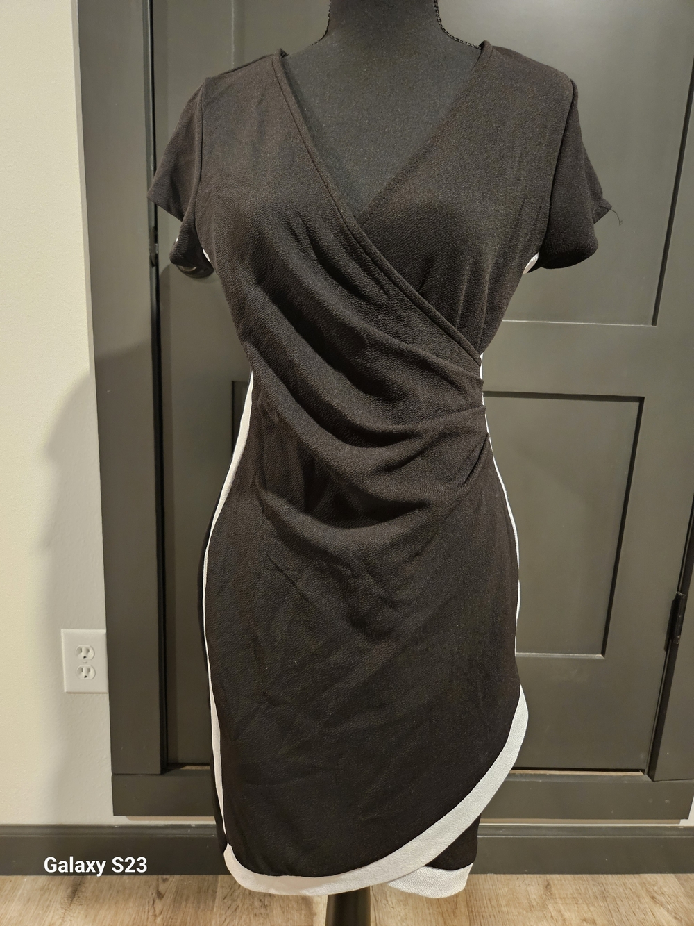Black Wrap-Style Short Sleeve Dress with White Trim